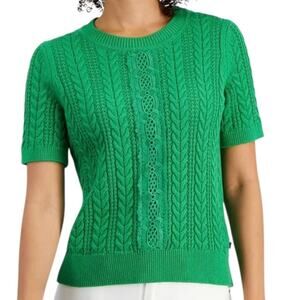 Nautica Jeans Women’s Cable Knit Lace Inset Short Sleeve Sweater Green Size S